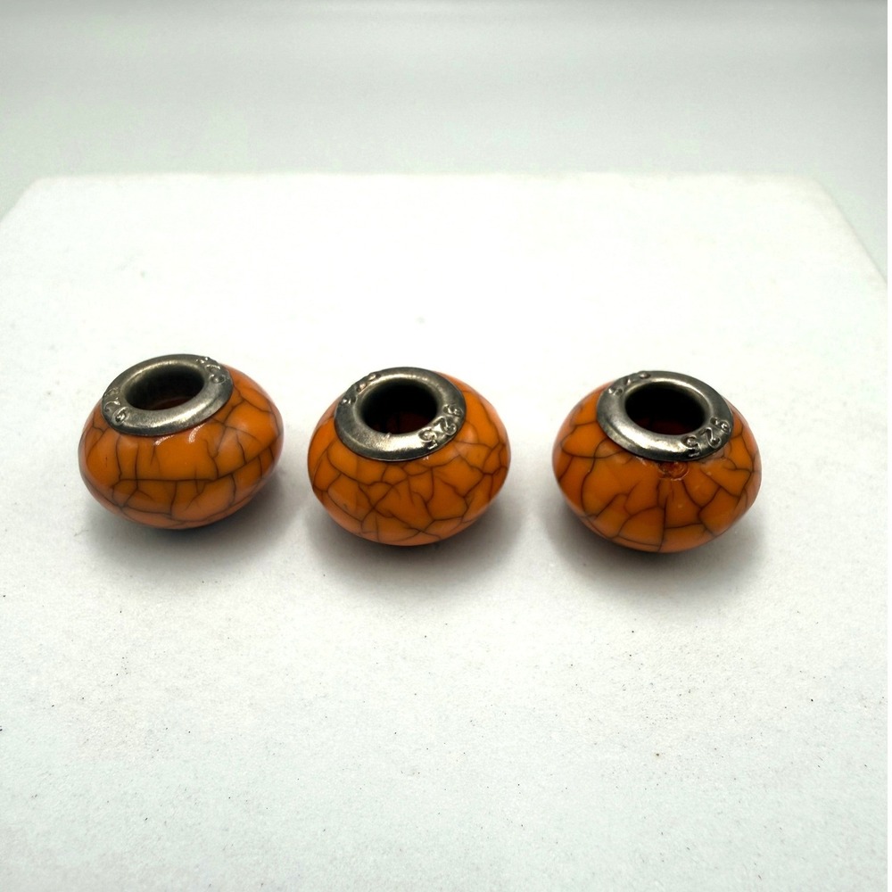 3PC Orange Crackle Glass Beads 925 Sterling Silver Core European Charm Set